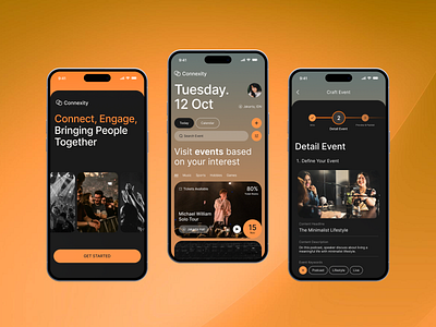 Connexity - Virtual Event Planning App app concert design event event planner futuristic mobile app planner ticket ui uiux user interface