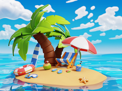 3D Beach Illustration 3d 3d illustration 3d render beach blender blue cute day design icon icon set illustration landscape sky summer sunny day