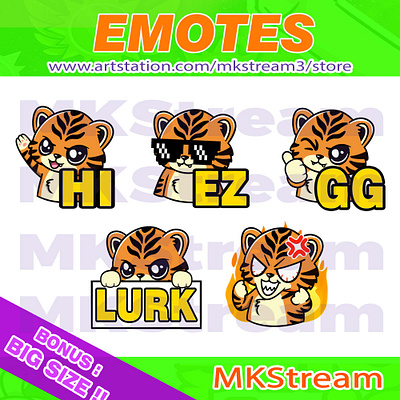 Twitch emotes cute tiger lurk, hi, gg, ez & rage pack animal animated emotes anime cat cute design discord emotes emote emotes ez gg illustration lurk pussy rage sub badge tiger tiger emotes twitch emotes waving