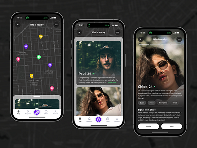 Dating mobile app date dating design graphic design location map meet meeting people phone screen social social media ui ui design ui mobile ui ux ux web world