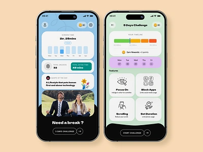 Digital Detox App Design - Main Screen analytics branding case study detox digital digital detox digital detox app focus goal health mental health mobile mobile app mobile design rewards screen screentime social media time wellness