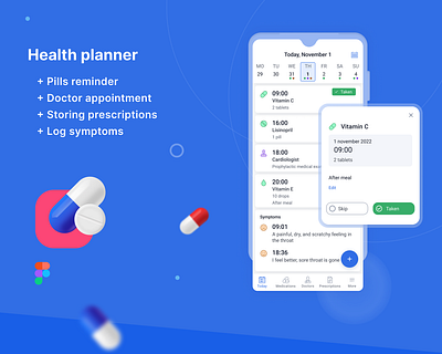 Health planner, App design app graphic design health planner pills ui ux