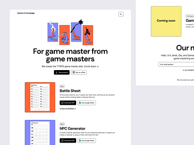Landing Page for TTRPG toolset collection desktop game gaming landing landing page marketing minimal tools ui ux