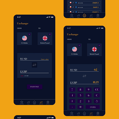 Currency Exchange Mobile App animation app banking currency exchange dark mode graphic design mobile mobile app motion graphics payment transactions ui