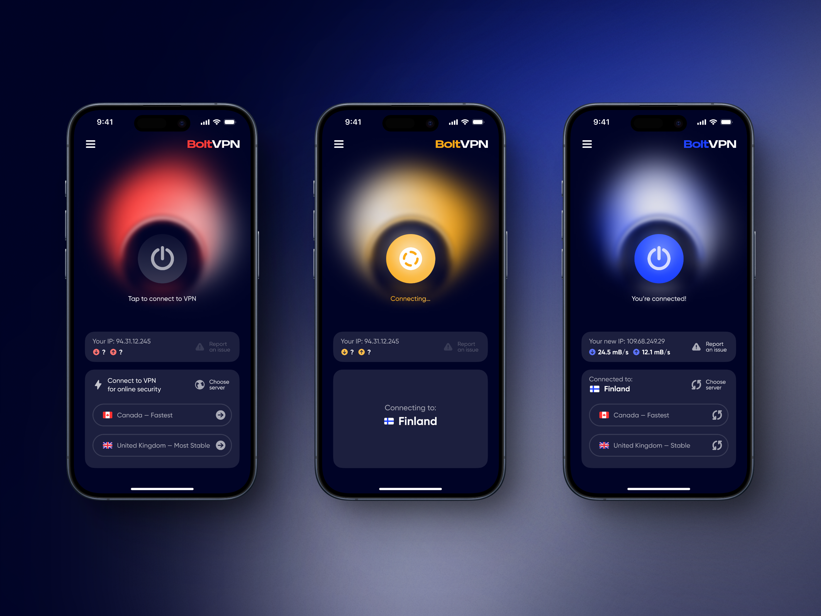 BoltVPN — Easy to connect VPN app app app design gradients interface ios modern ui product design ui vpn vpn app vpn interface