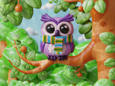 Cute 3D Owl 3d bird blender branch cartoon character creative illustration cute design digital art forest funny illustration jungle mascot nature owl wildlife
