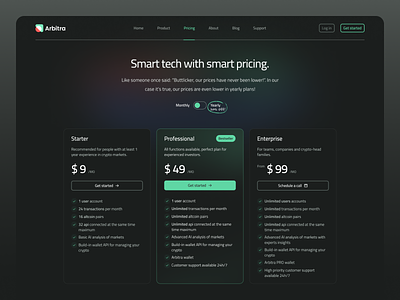 Arbitra - Pricing crypto cryptocurrency dark dark mode darkmode design fintech plan plans pricing pricing table table ui user experience user interface ux web web design website websites