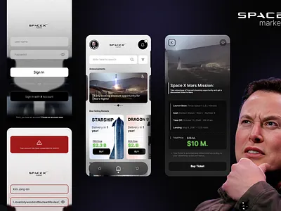 Space X Market APP app design e commerce elon musk free desing future design home page log in page mobile app spacex ticket ui