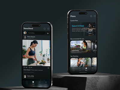 Fitness App Concept app colors dark design fitness fitness meals health meal plans mealplans newsfeed nutrition plans social media ui uiux ux
