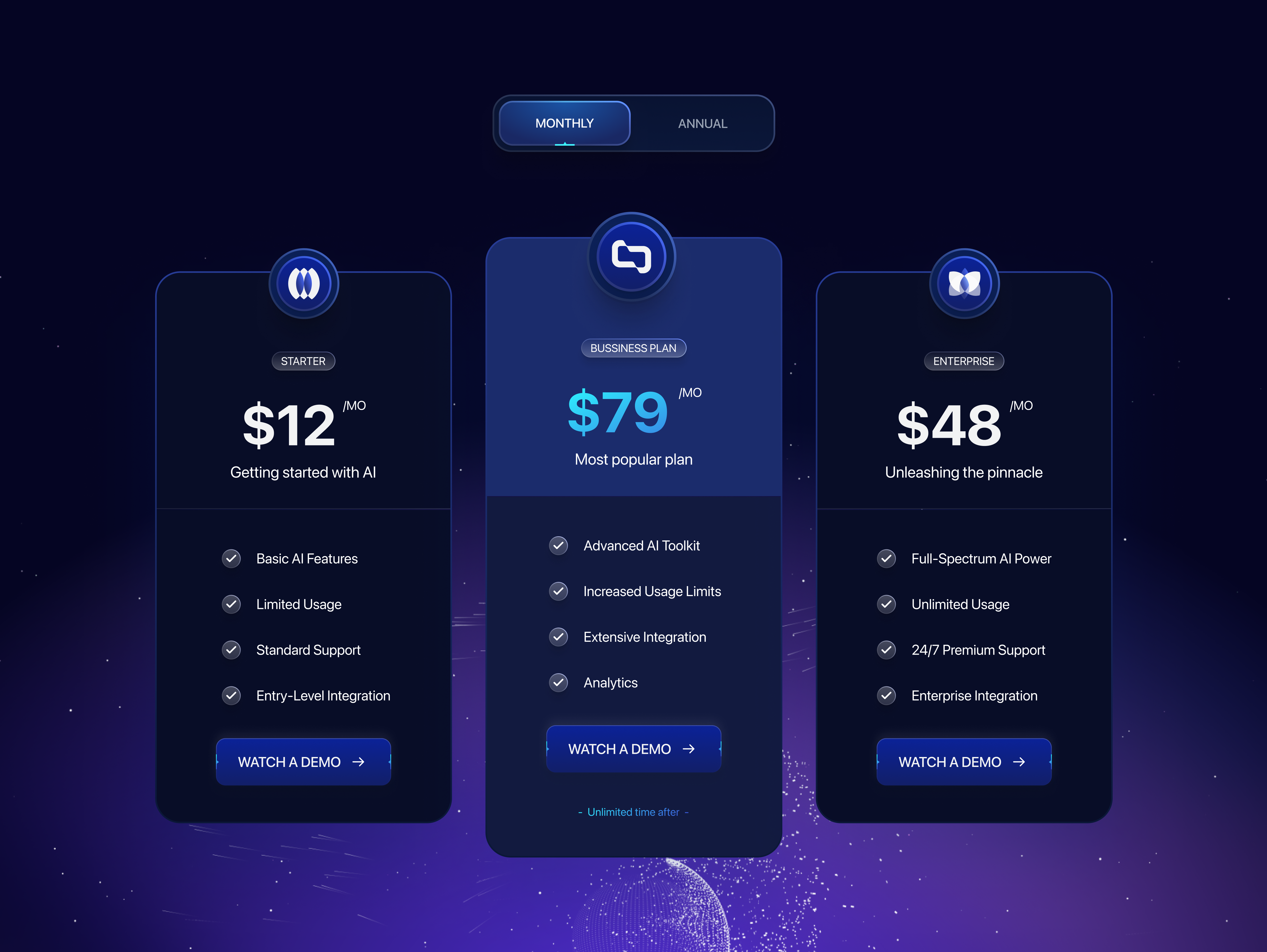 Pricing page ai dark dark theme page pricing ui ux