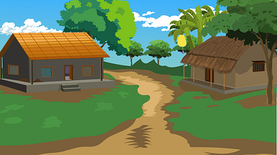 Village road landscape, mud house, cottage mud