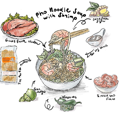 Shrimp Pho with Ingredients adobe fresco illustration pho shrimp