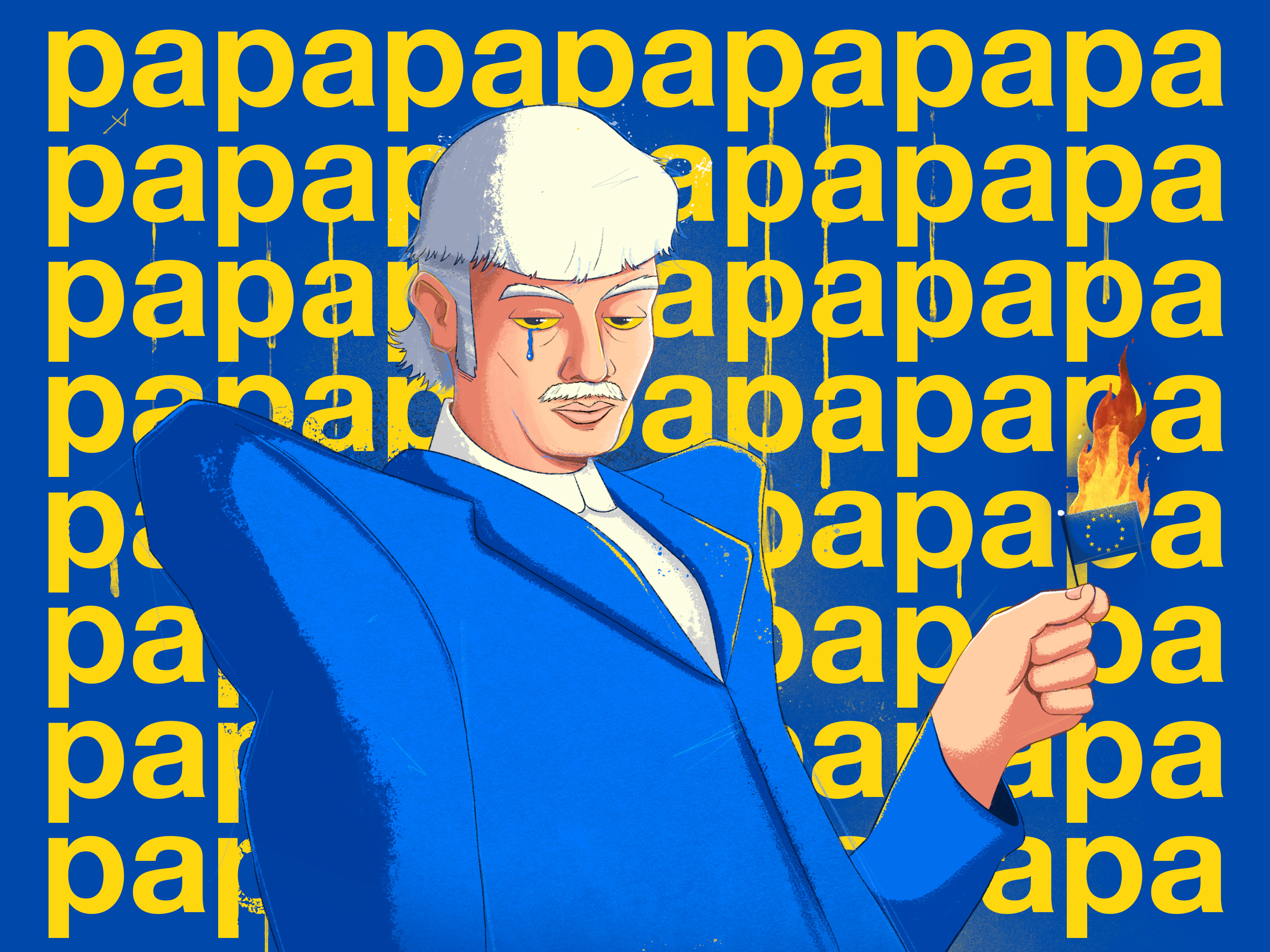 Europapa artist crying emotional europapa europe eurovision fire flag gritty illustration joost klein moustache music musician netherlands painting papa sad spotify textures