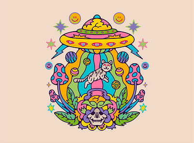HIDE AND SEEK album badge branding cat colorful death design flower graphic design illustration merch mushroom rainbow ship skull space trippy ufo ui