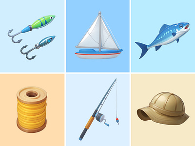 Fishing Icon Cartoon Illustration 3d bait boat cap cartoon cute design fish fishing icon illustration pastel rendering rod rope