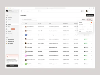 Contacts Page Dashboard add user contact dashboard export lists selecting sort table user web website