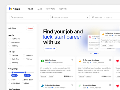 Nexus - Dashboard Job Finder 🔍 blue branding business clean company dashboard design figma illustration job finder landing page minimalist ui design ux design white