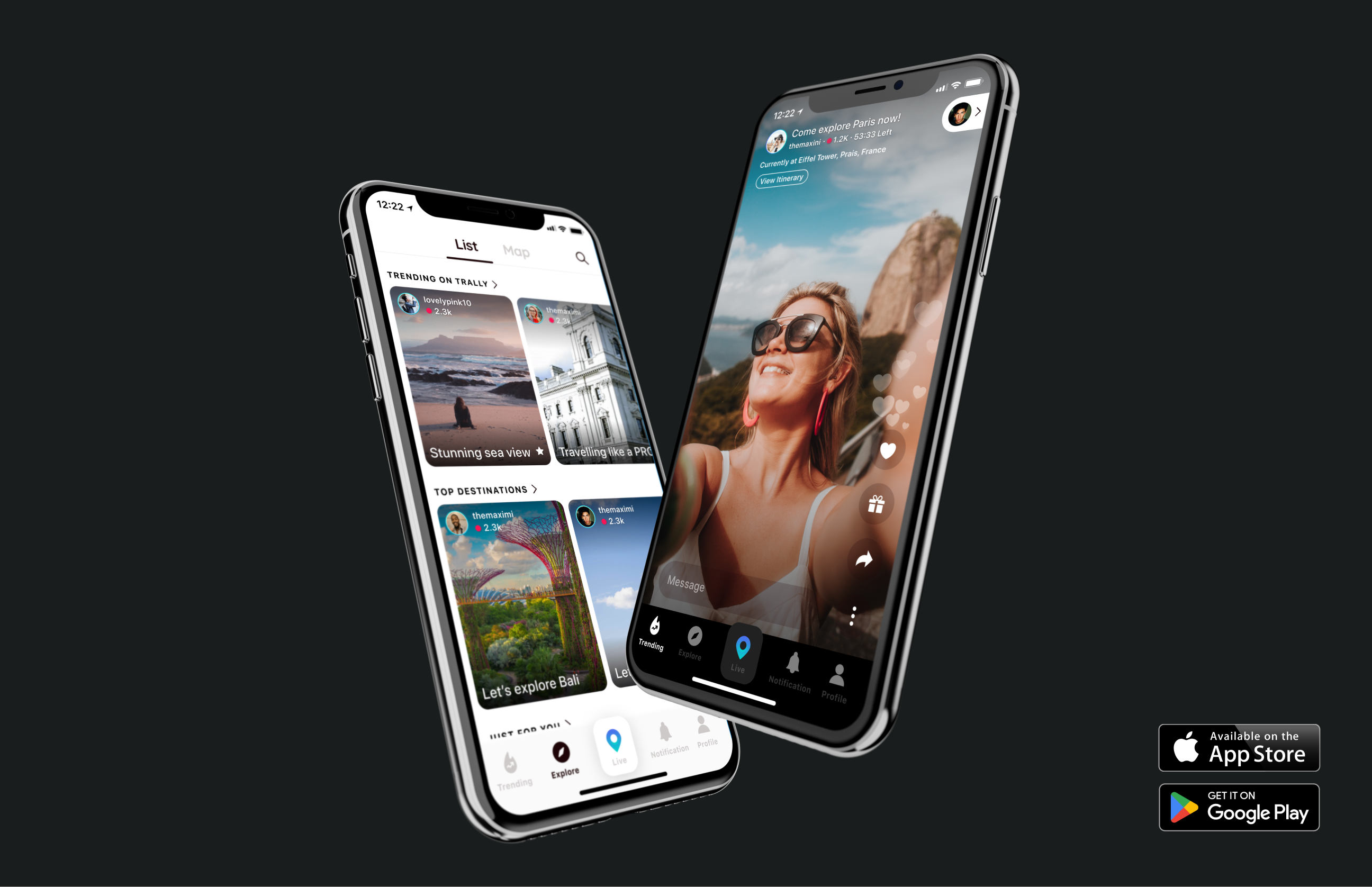 Trally - a travel live-streaming marketplace app branding carousel designstrategy discovery explore guest influencer list livestream maps marketplace mobile share socialmedia travel ui ux