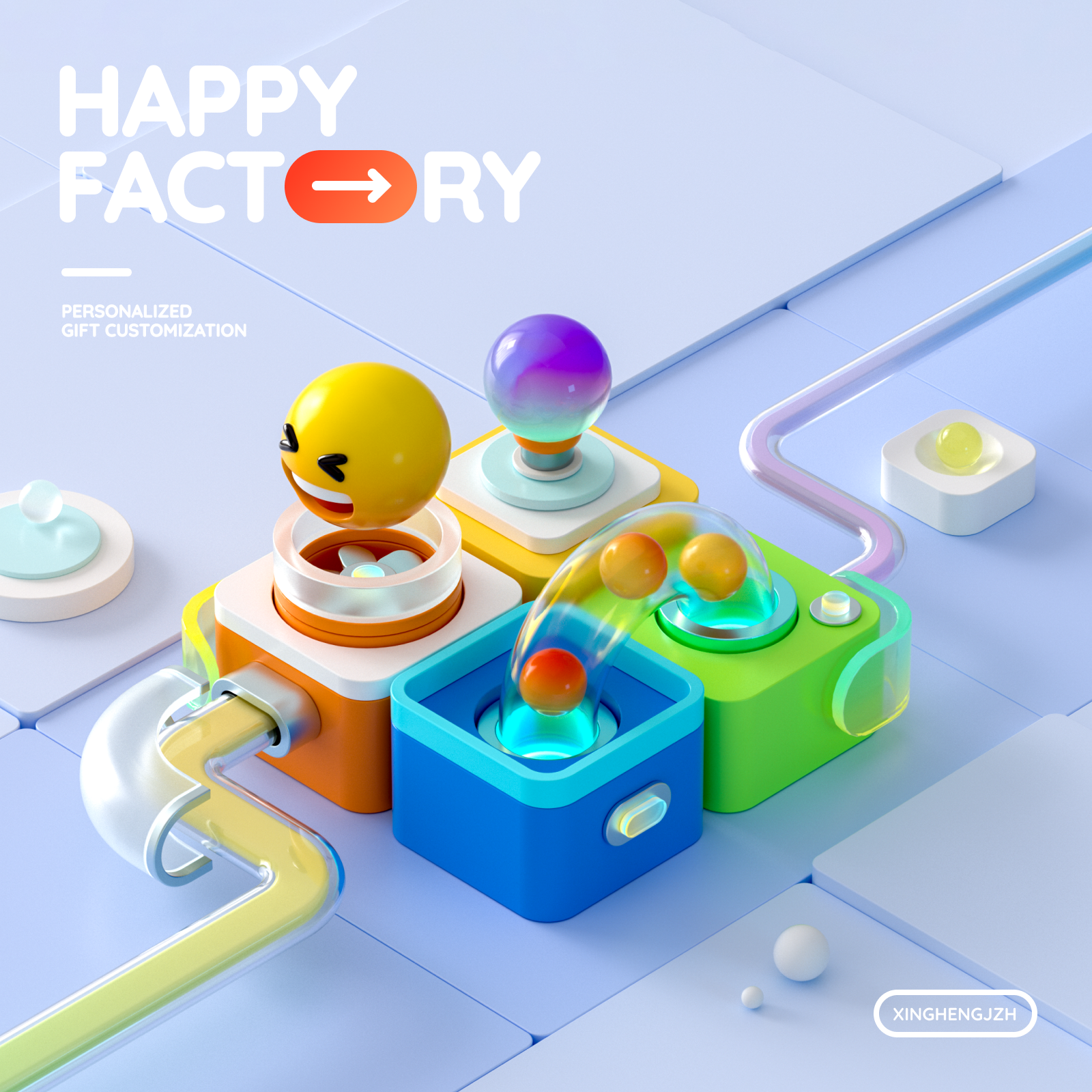 C4D | Happy Factory - Gift customization 3d 3d design advertise assembly line c4d custom made emoji expression factory gift graphic design illustration octane poster render toy ui vision web