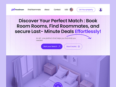 Hotel & Roommate Booking website air booking branding clean design figma hotel hotel book hotel booking interior landing page minimal peace dream room booking roommate booking ticket book travel ui uiux ux website design