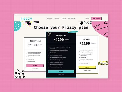 Pricing Section Design for Fizzzy colorful design colorful webdesign pricing pricing design pricing page pricing plans pricing section pricing ui pricing ui ux social media agency design subscription based model ui ux design webdesign website pages
