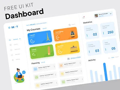Course Dashboard dark theme dashborad e learning ui ui design ux design white theme
