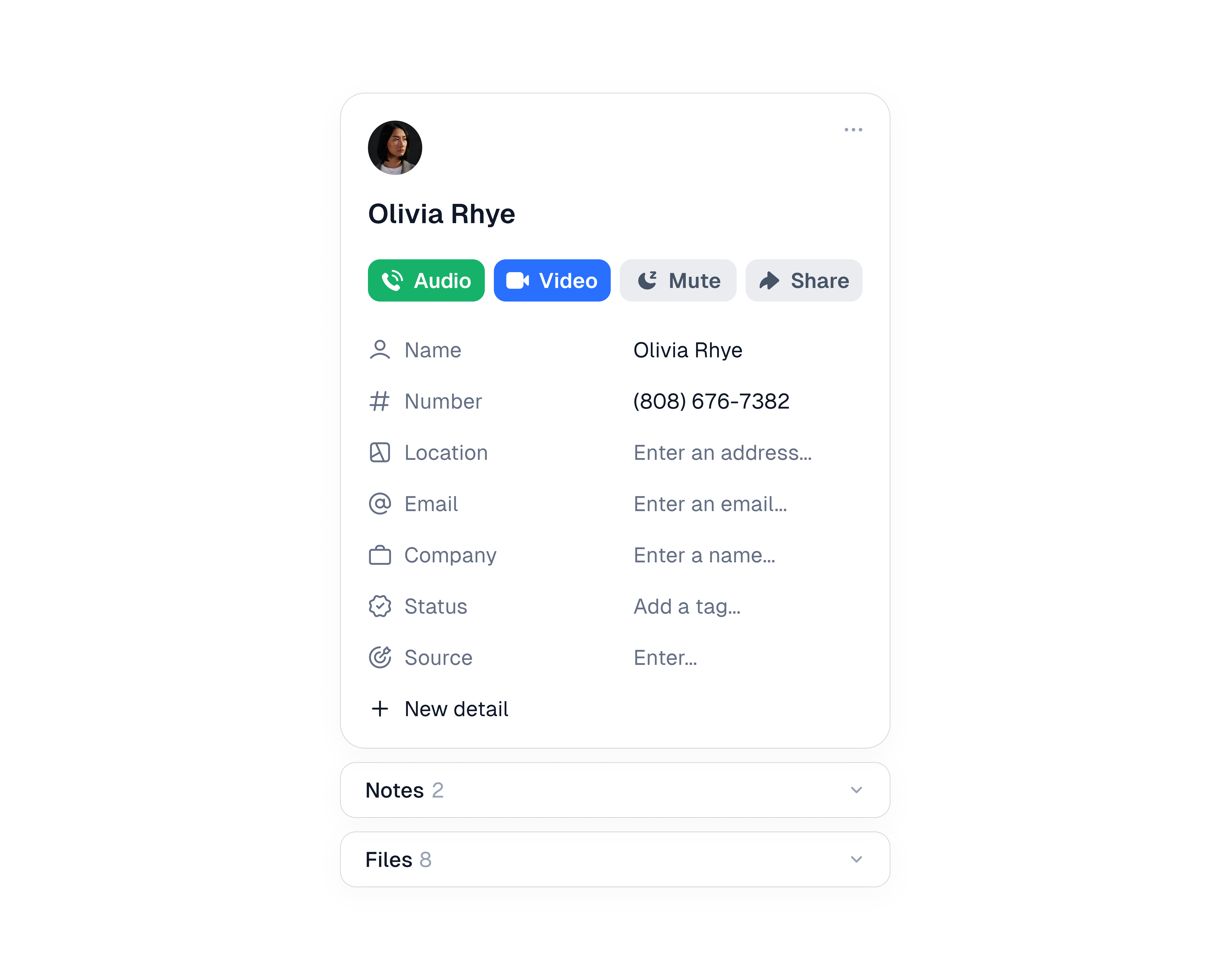 Contact card ai app call card clean form menu minimal modal mute profile saas settings simple table ui ux video web app zoom
