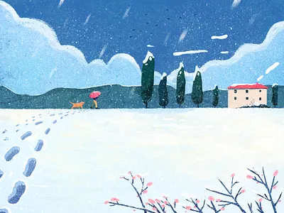 Snow Day boy character dog illustration landscape man nature outdoor people snow uran walks weather white