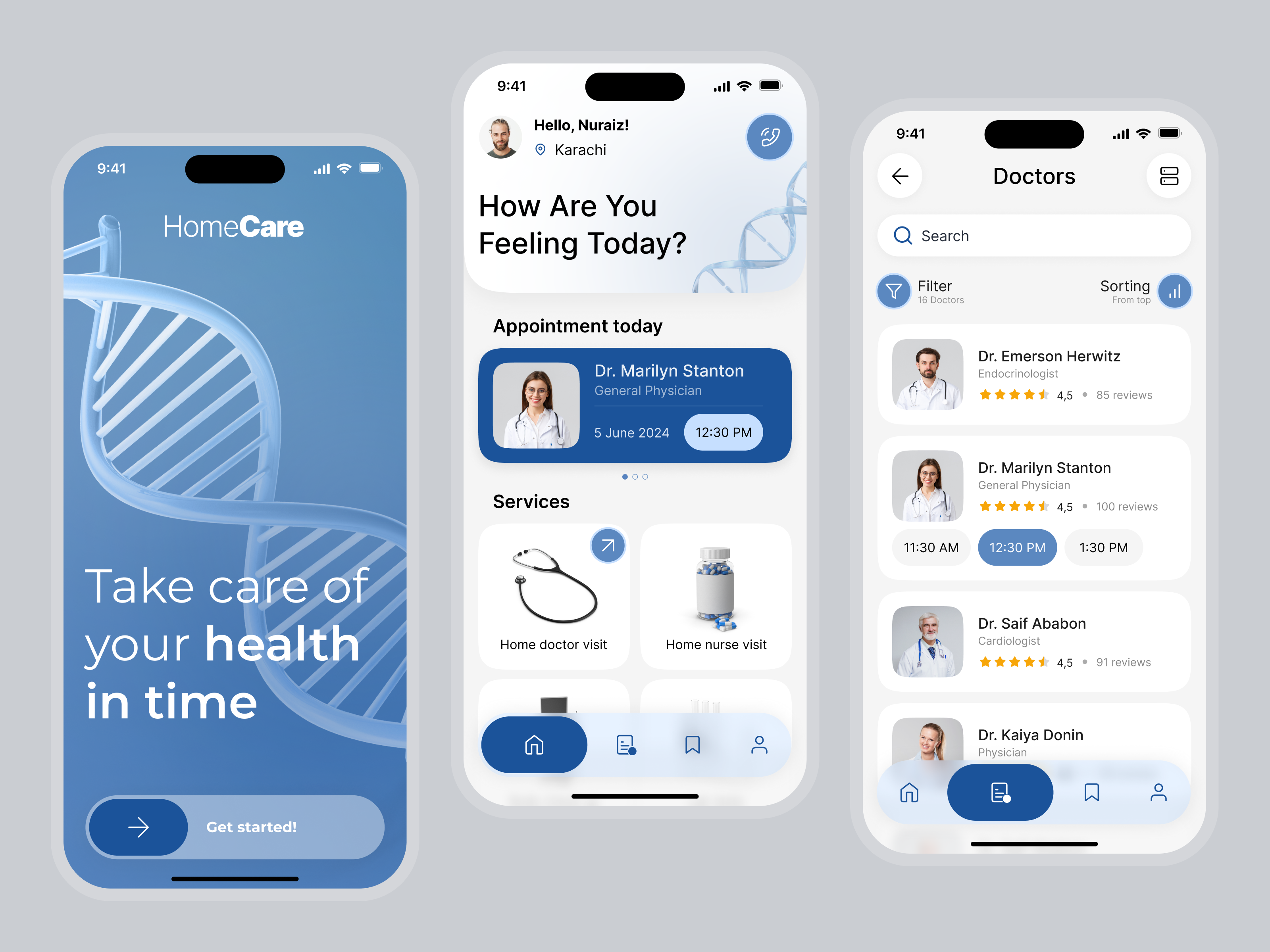Mobile App for Making an Appointment | HomeCare ambulance application appointment blue dna doctor health health care healthcare home care home doctor med visit medics mobile app ratings tab bar ui design ux ui