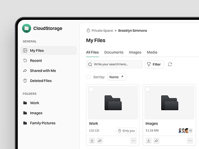 📁Cloud Storage. All Files Page app design cloud storage dashboard data documents files filter folder images main page nav navigation product design search sidebar storage ui user interface web design weight size