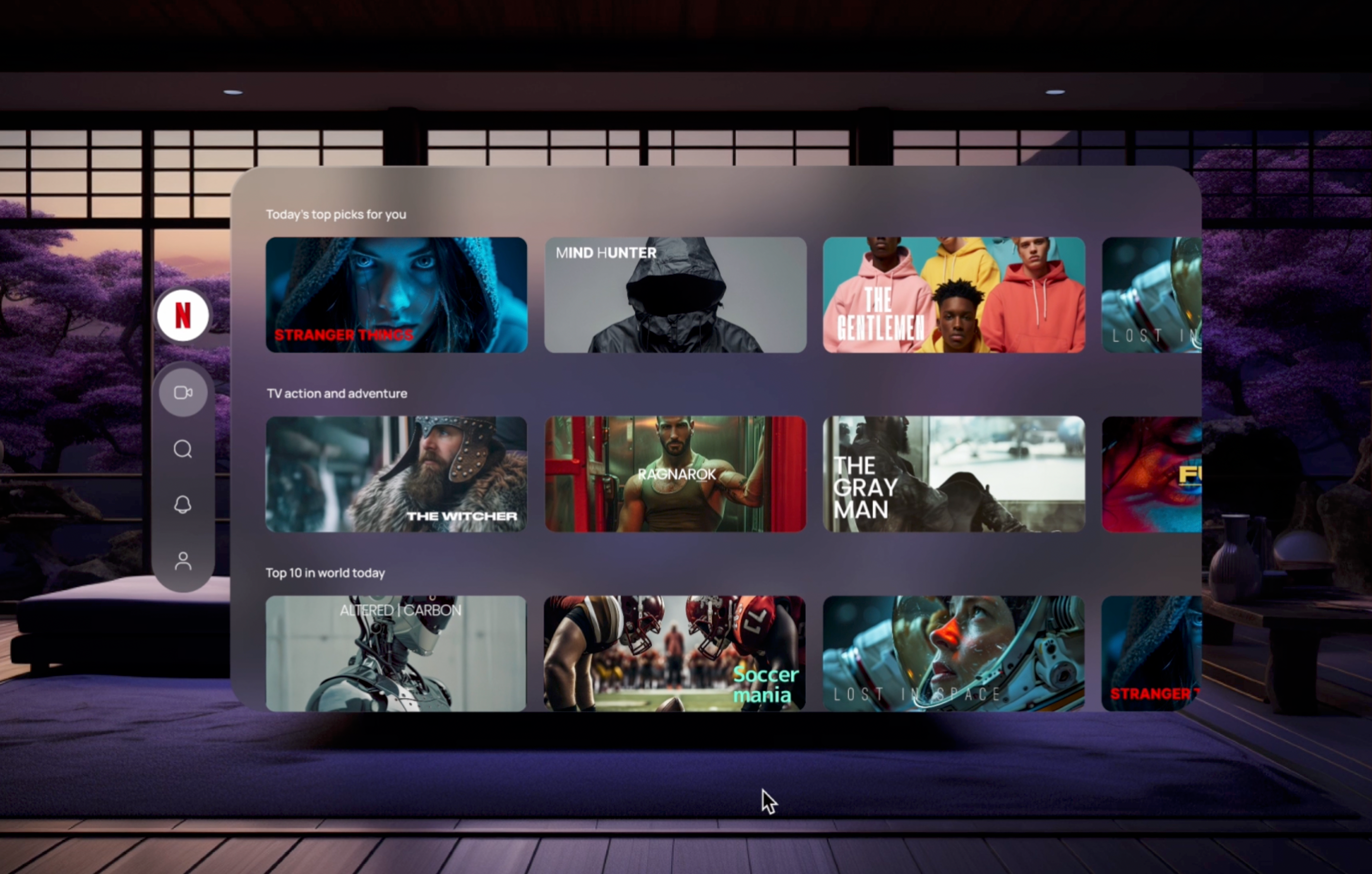 Spatial design for Netflix web app (Concept) amazing animation apple ar cool design figma glassmorphism graphic design illustration modern prototype spatial ui ux virtualreality visionos visionpro vr xr