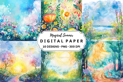 Magical Summer Digital Paper covers designs fantasy graphics images junk journal magical magical summer paitings pictures summer watercolor