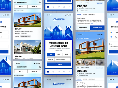 LuxeLiving Real Estate - Mobile App agent behance branding buy deal designer dribbble graphic designing loan lsoin9 luxeliving property realestate rent ui uiux ux