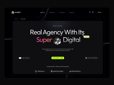 Real Agency's Super Digital about artificial dark darksite dashboad minimal pricing product saas services ui ux web web3 website