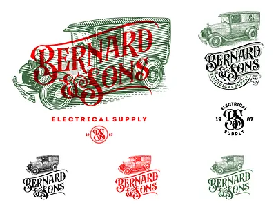 Bernard & Sons branding branding custom lettering electrical emblem engraving etching graphic design hand drawn illustration logo logo design old card old school v vintage vintage car