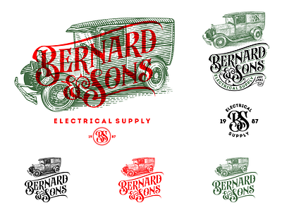 Bernard & Sons branding branding custom lettering electrical emblem engraving etching graphic design hand drawn illustration logo logo design old card old school v vintage vintage car