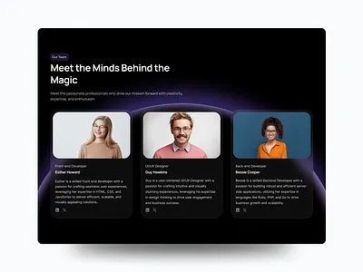Meet the Team Section · Detachless FREE Figma UI kit blur blur effect dark mode dark ui design detachless figma purple team teams teams section ui ui design ui kit uiux ux ux design web design website