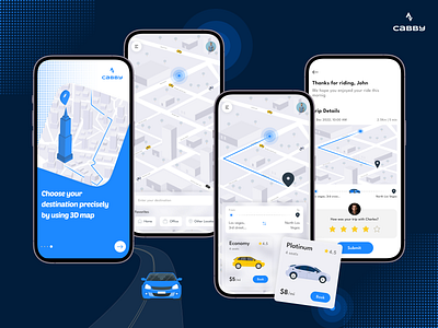 Ride hailing mobile app 3d 3d map branding buttons car taxi cards carousel feedback page icons location logo onboarding profile rating ride hailing search bar ui ux design