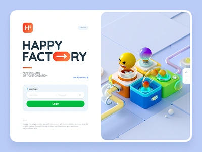 C4D | Happy Factory Login page 3d 3d design advertise assembly line c4d custom made emoji expression factory gift graphic design illustration octane re poster render toy ui vision web