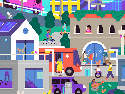 Building Tomorrow's Cities adobe bus cat character character design city cityscape electricity green illustration muti photoshop purple