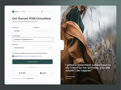 GreenNest - Sign Up Page 🍃 dailyui eco design mobile web design product design sign up ui web design