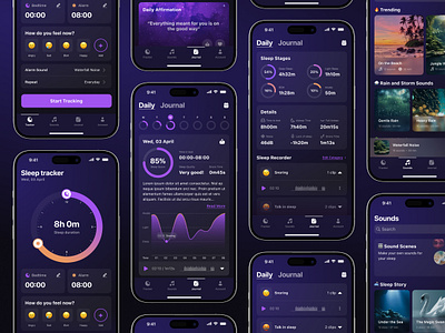 Mobile App - Relax & Sleep Tracker App alarm dark theme design figma health app interface ios meditation sleep sleep tracking app therapy app tracker tracking ui ux