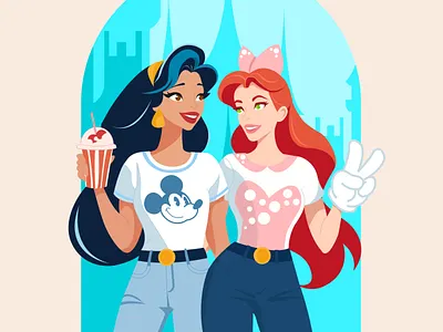 T-shirt print ariel branding color design disney illustration jasmine playful princesses print t shirt t shirt print vector