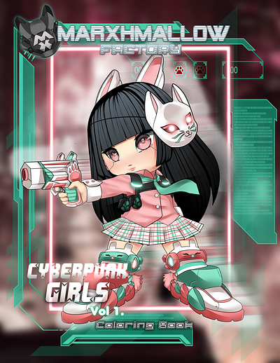 Kawaii Cyberpunk Girls Coloring Book Cover Concept anime girl book cover bunny coloring book concept art cover art cyberpunk cyberpunk girl gunner girl illustration