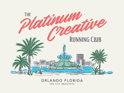 Platinum Creative Running Club 5K - Orlando FL 5k city club destination florida fountain illustration orlando palm tree running vector vintage