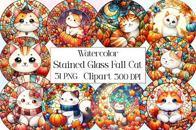 Stained Glass Fall Cat Sublimation halloween cat