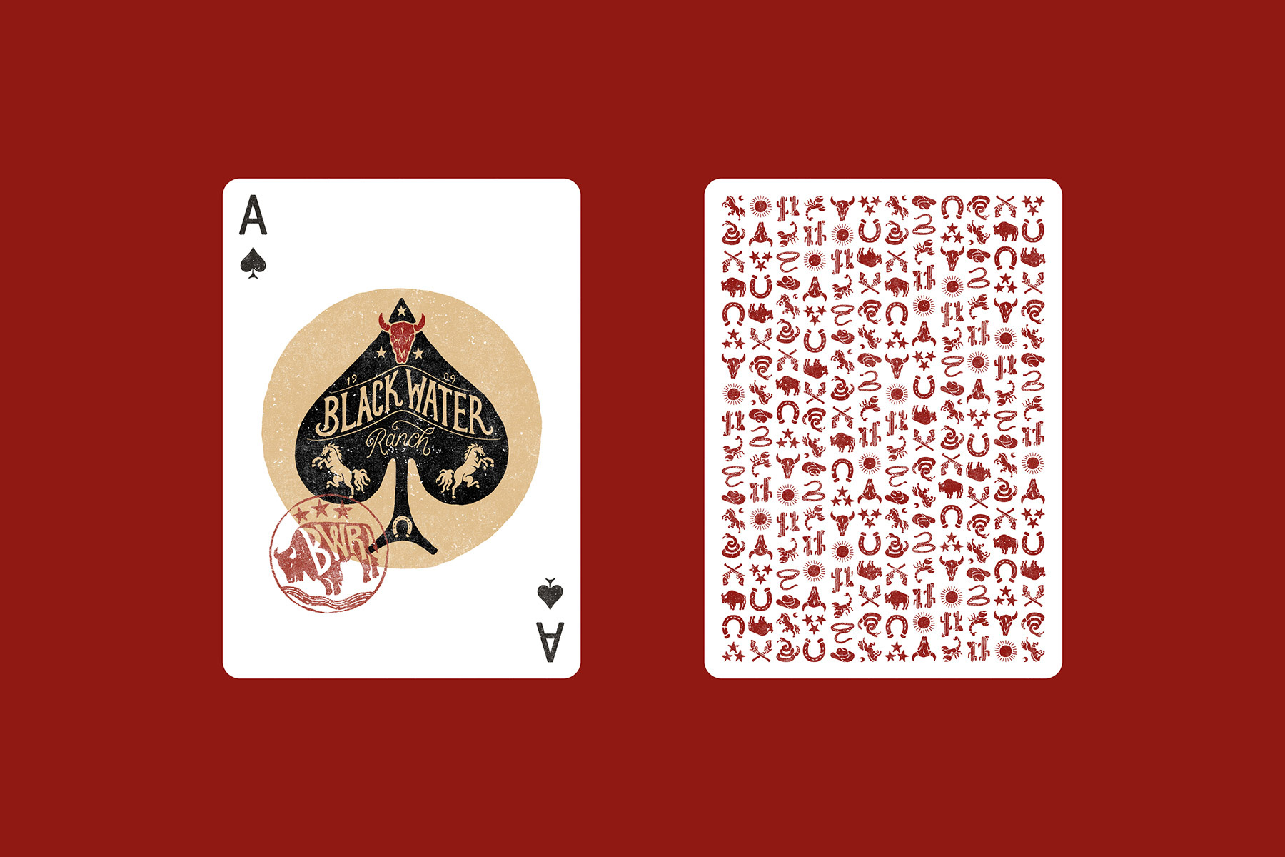 Black Water Ranch Playing Cards ace of spades bold branding cowboy hand drawn horses illustration logo old west pattern playing cards print ranch retro rough skull textured typography vintage western