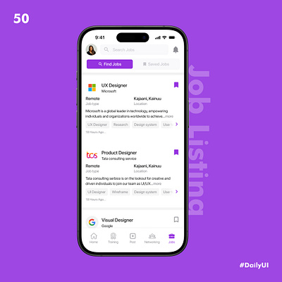 Job Listing 100dayuichallenge branding dailyui day50 design figma graphic design illustration job job listing listing logo purple ui vector