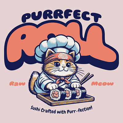 Purrfect Roll adorable cartoon cat cute design funny kawaii kittl pop culture print on demand sushi t shirt t shirt design