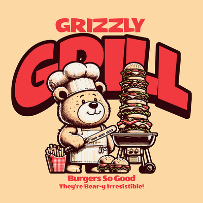 Grizzly Grill adorable bear burger cartoon cute food funny grill kittl pod pop culture print on demand t shirt t shirt design